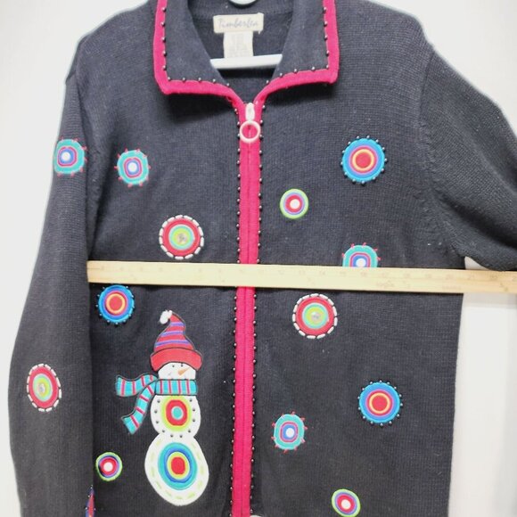 Timberlea Christmas Snowman Cardigan XL Black Sweater Ramie Colorful Embroidery - Picture 6 of 12